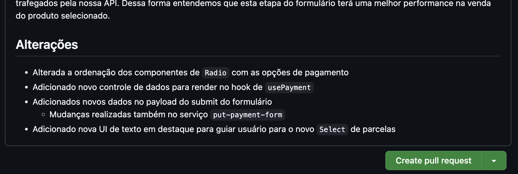 Continuação da tela de criação de PR no Github. No corpo do PR temos um subtitulo para a área de alterações e um agrupamento de alterações realizadas, disposto em formato de lista.