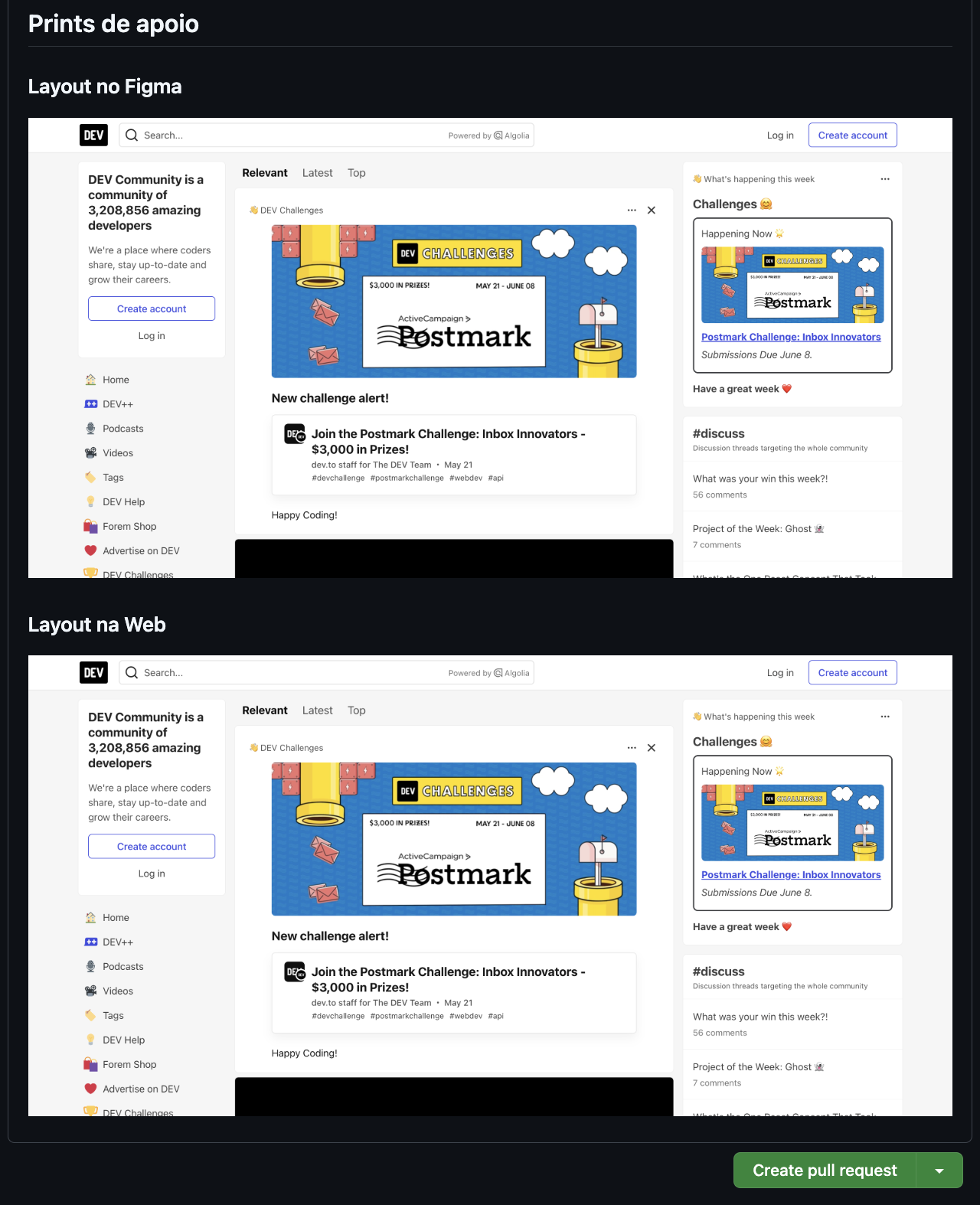 Continuação da tela de criação de PR no Github. No corpo do PR temos um subtitulo para a área de prints de apoio seguido de dois prints de inteface do site dev.to, apenas para exemplo.