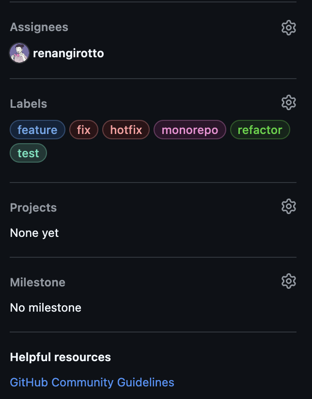 Coluna de opções lateral do Github para relacionamento de assignees, labels e outras opções.